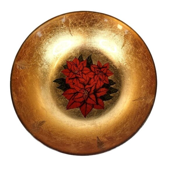 Christmas Holiday Glass Gold Bowl With Poinsettia Design - 10 Inch Diameter x 3 - Picture 2 of 12
